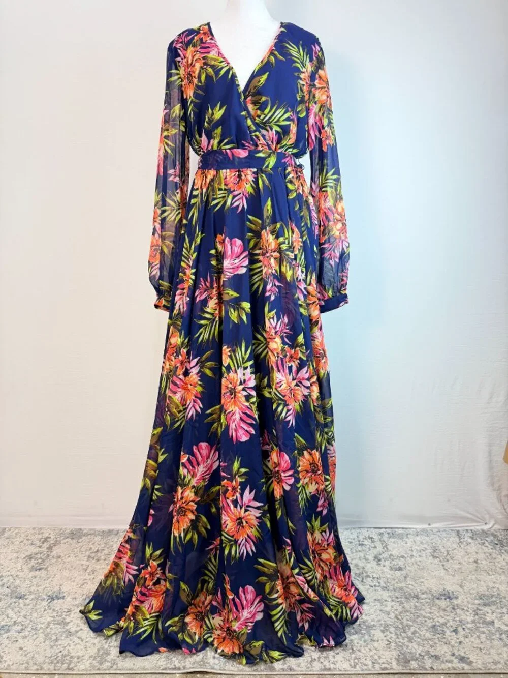 Renn Womens XL Tropical Floral Maxi Dress Blue Long Sleeve Belted NWT - Picture 14 of 16